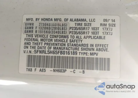 2015 Honda Odyssey Ex-L из США, поврежденный, VIN 5FNRL5H65FB016189